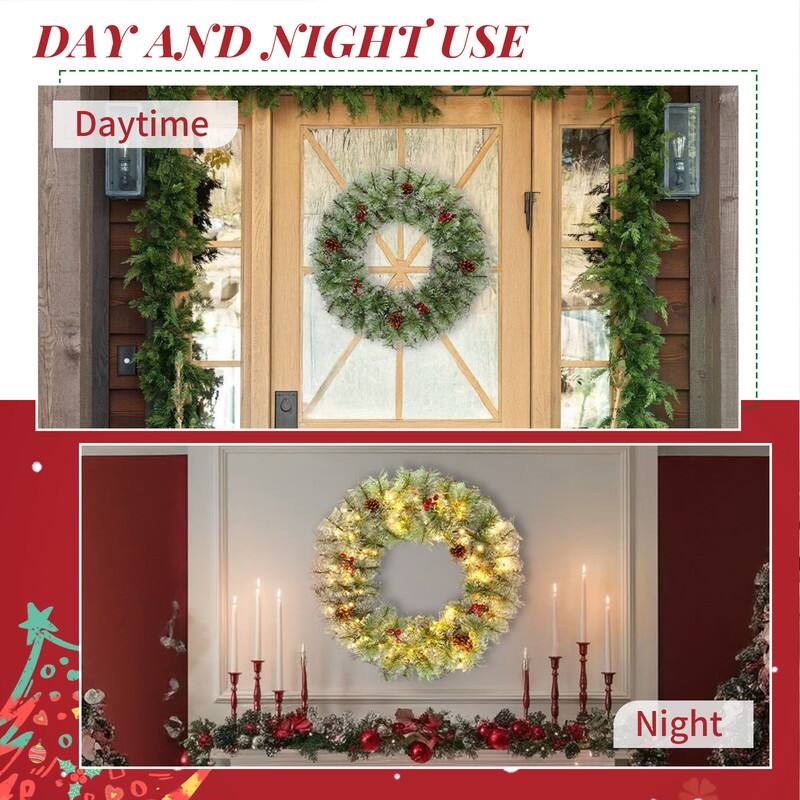 2 Pack 24in Pre-lit Christmas Wreath, Lighted Artificial Xmas Wreath with Red Berries Pine Cones, for Party Decorations