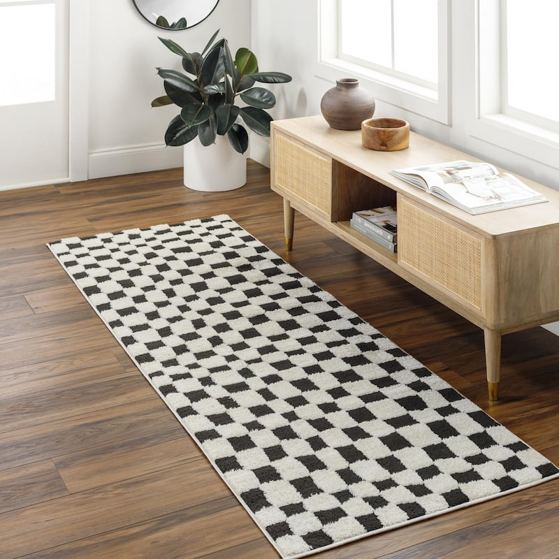 Livabliss Freud Optical Illusion Checkered Area Rug - Cream/Black - 2' 7" x 7' 3"