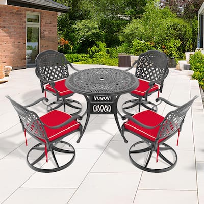 5 Pcs Patio Dining Set, All-Weather Cast Aluminum Furniture Set with Square Table, 4 Swivel Rocker Chairs with Cushions
