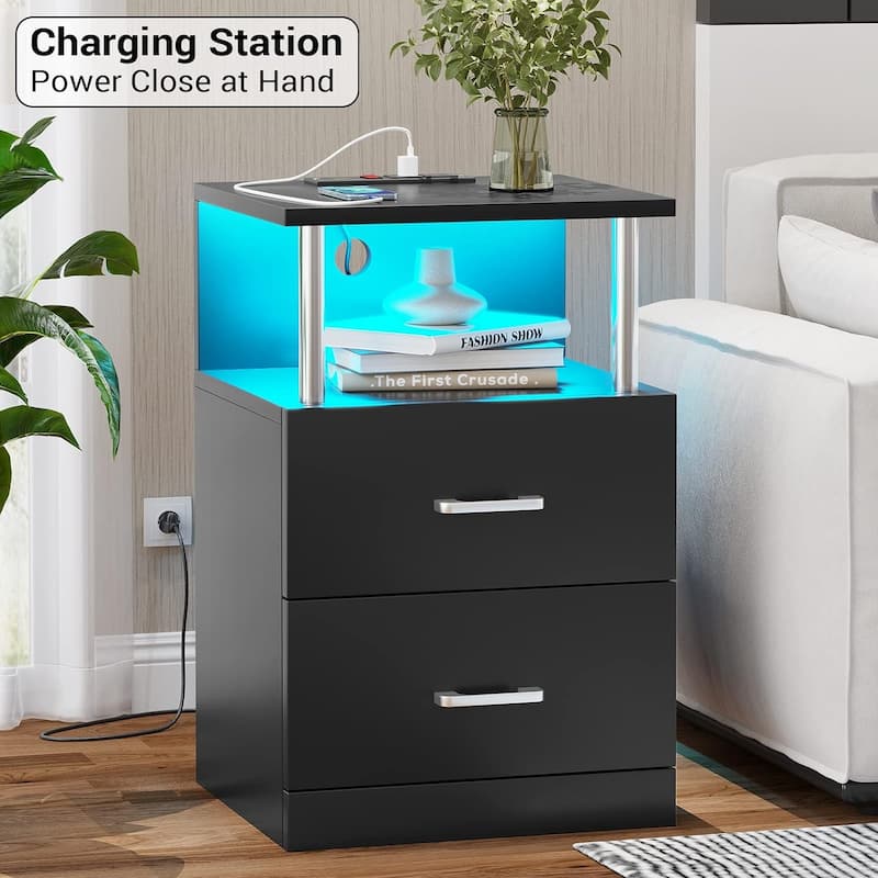Nightstand with Open Storage 2 USB Ports Outlets 2 Drawers LED Light