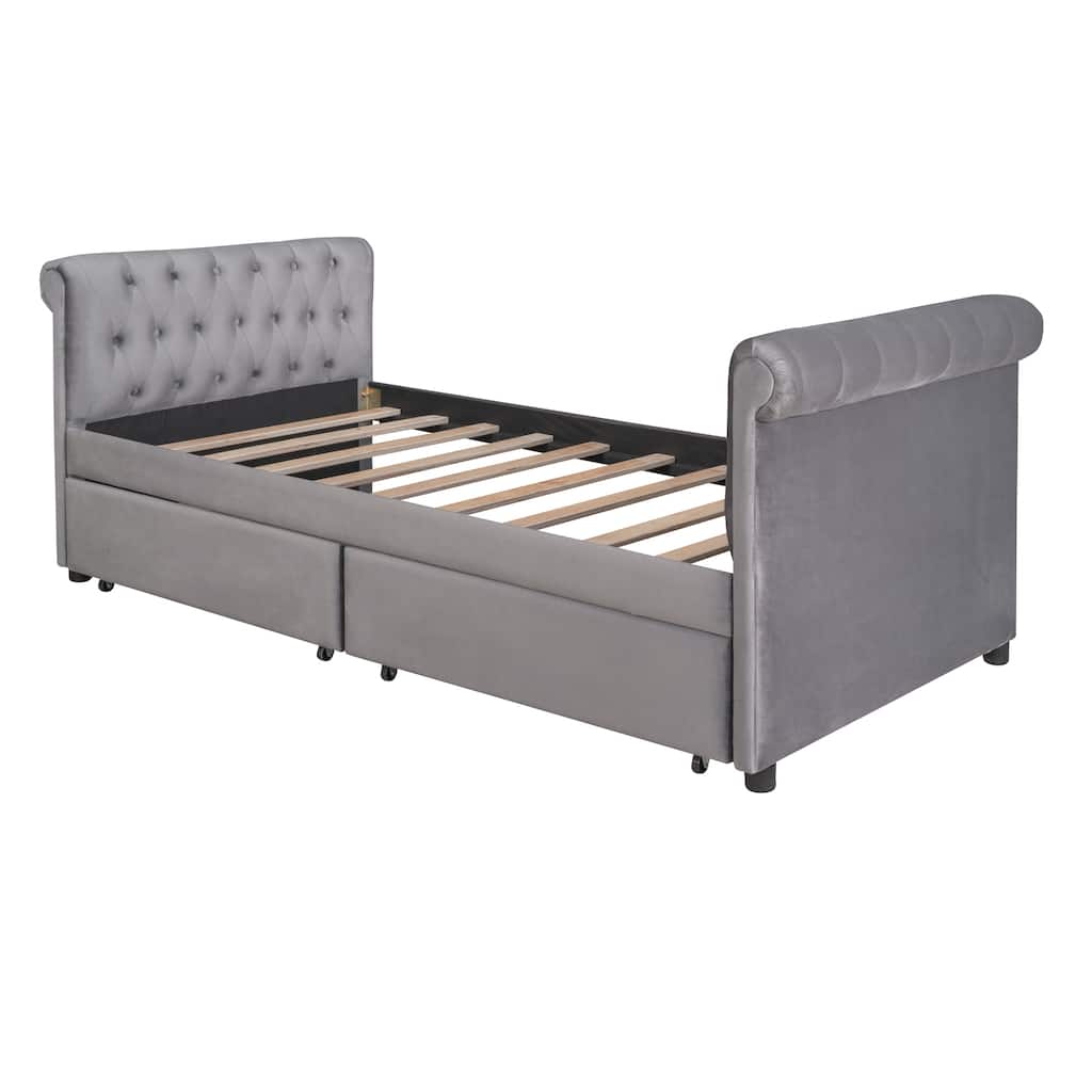 Modern Twin Daybed with Storage Drawers, Upholstered Fabric, No Box Spring Needed