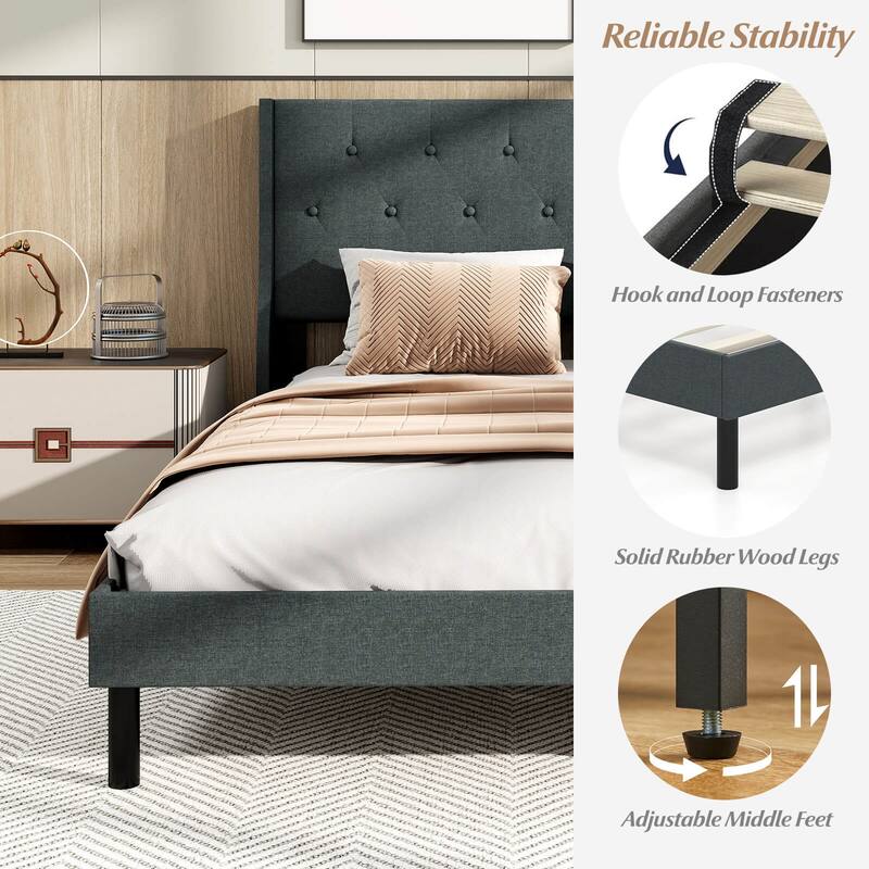 Costway Queen Size Bed Frame Linen Upholstered Mattress Foundation