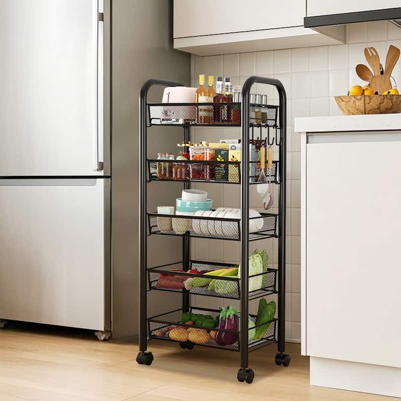 5-Tier Utility Rolling Cart On Wheels Storage Shelf for Narrow Space, Kitchen - Black