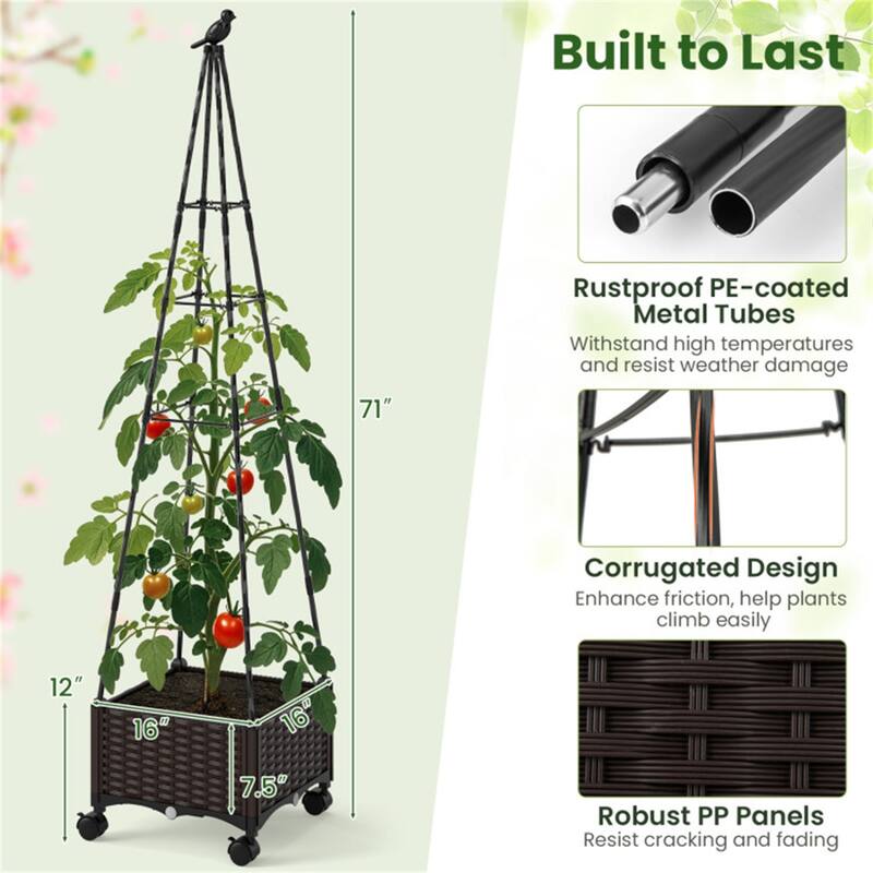 Adjustable Raised Garden Planter with Trellis 2-in-1 Self-Watering Box for Indoor or Outdoor - 16" x 16" x 71" (L x W x H)