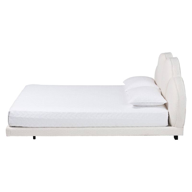 Barrera Floating Platform Bed with Scalloped Headboard - Low Profile Minimalist Boucle Upholstered Bed Frame