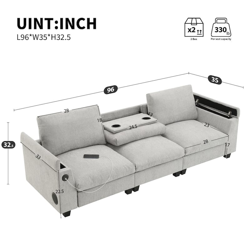 96'' Sectional Sofa with Bluetooth Speaker, Drop Down Table, USB Charger, Storage Armrest
