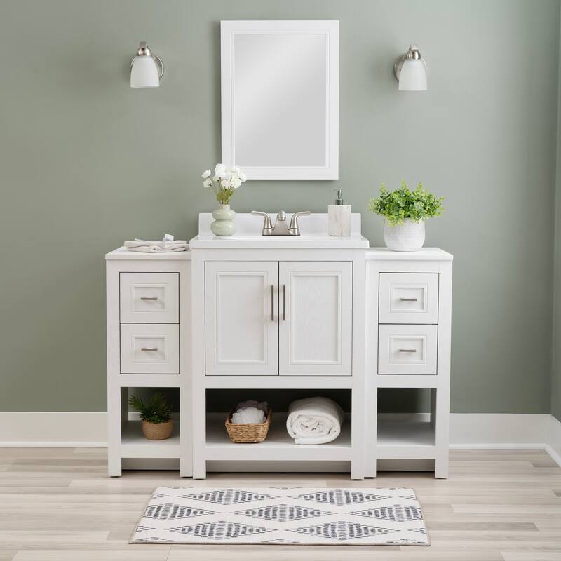 Linon Blakely Vanity with Mirror and Dual 12-inch Side Cabinets - 25" Vanity - White Ash