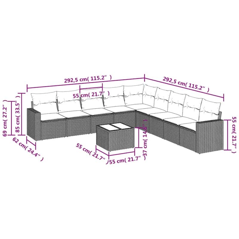 vidaXL Patio Sofa Set with Cushions Outdoor Conversation Furniture Poly Rattan - 25.8" x 24.4" x 27.2"