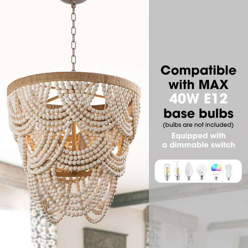 Bohemia 4-Light Off-white Adjustable Distressed Beaded Pendant Chandelier - 19.7-in W x 21.7-in H