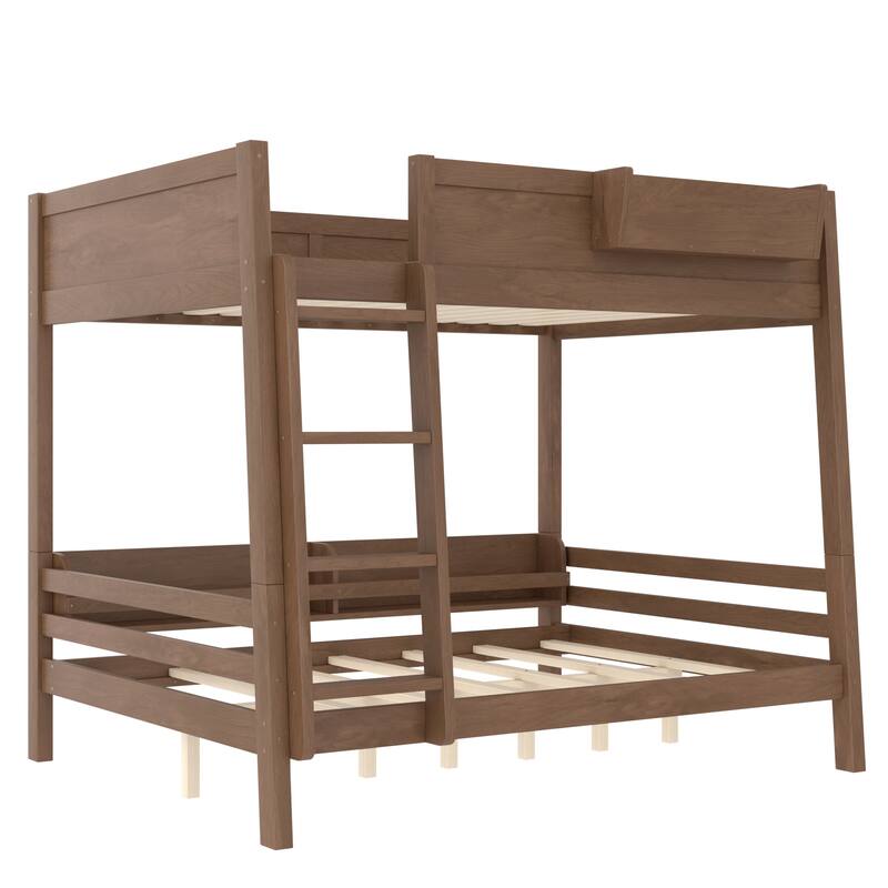 Full Bunk Bed With Storage Shelf and Bookshelf,Wood Bunk Bed with Ladder and Guardrails,Detachable Design