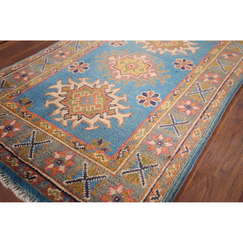Blue Geometric Kazak Foyer Rug Hand-Knotted Oriental Wool Carpet - 2'0" x 3'1"