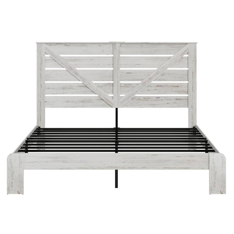 Platform Bed Wood Bed Frame with High-back Headboard, USB Charging Station, Touch Lamp, Metal Slats Support, Noise Free