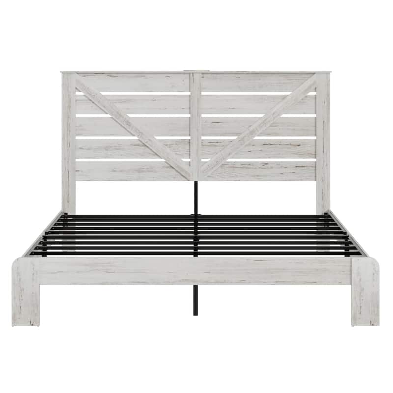 Wood Platform Bed with Rustic Headboard Black Metal Frame Support, Solid Wood Slats No Box Spring Needed Large Under-Bed Storage