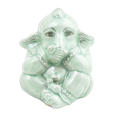 Novica Handmade Ganesha And The Mouse Celadon Ceramic Figurine