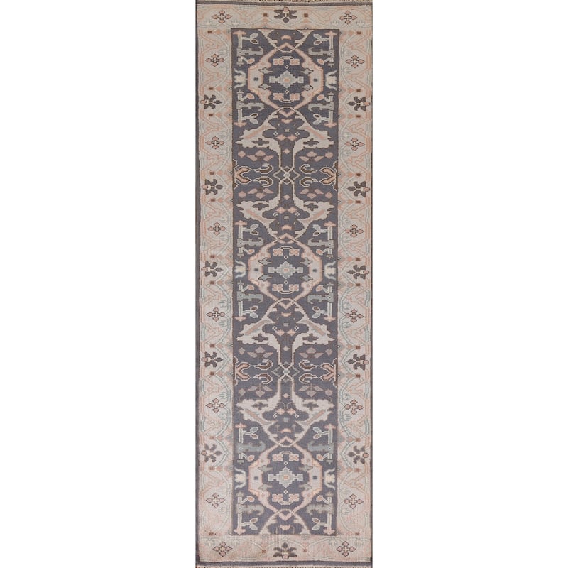 Gray Blue Oushak Indian Runner Rug Hand-Knotted Wool Carpet - 2'5"x 10'0"