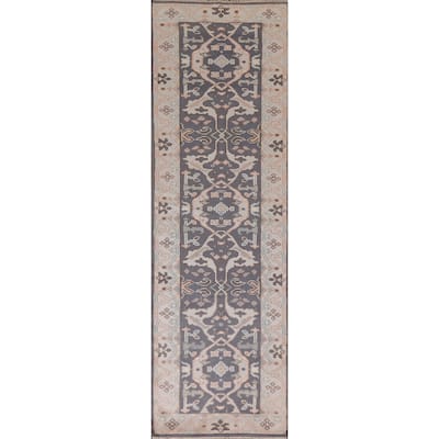 Gray Blue Oushak Indian Runner Rug Hand-Knotted Wool Carpet - 2'5"x 10'0"