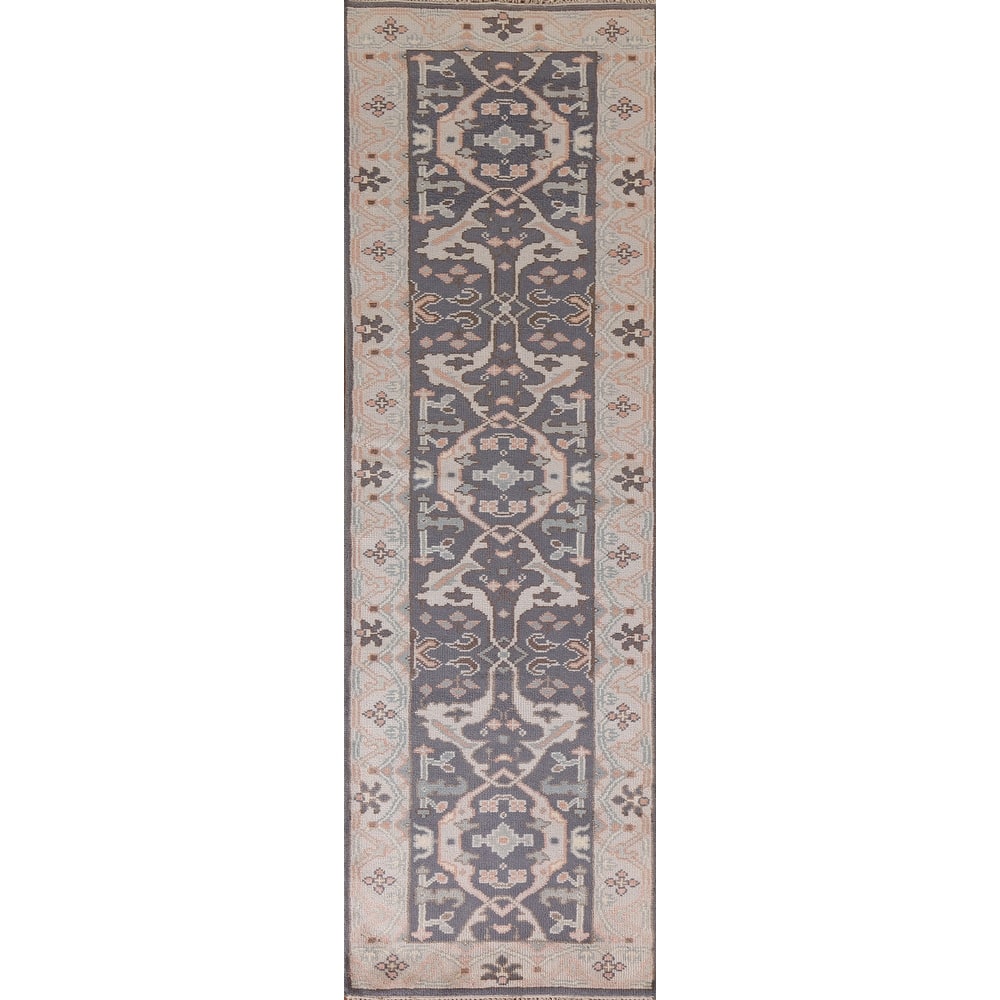 Gray Blue Oushak Indian Runner Rug Hand-Knotted Wool Carpet - 2'5"x 10'0"