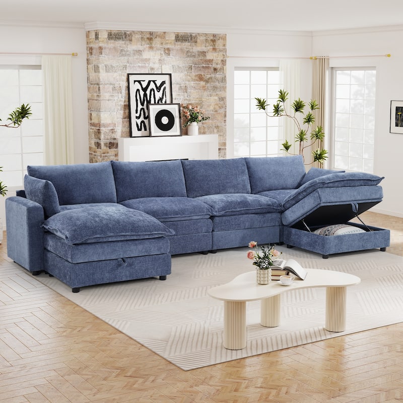 Modular Sectional Sofa for Living Room, U-Shaped Sofa Couch with Corduroy Fabric, 3/4 Seat Oversized Couch with Movable Ottoman