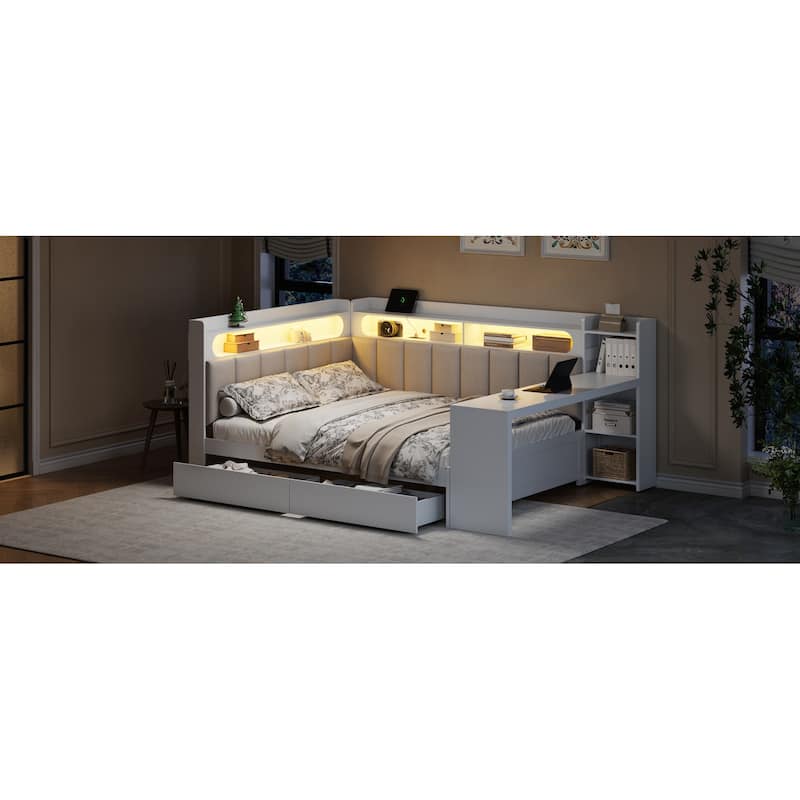 Full Daybed with Storage Shelves Built-in Charging Station LED Light, L-shape Upholstered Sofa Bed with 2 Drawers, Cabinet, Desk