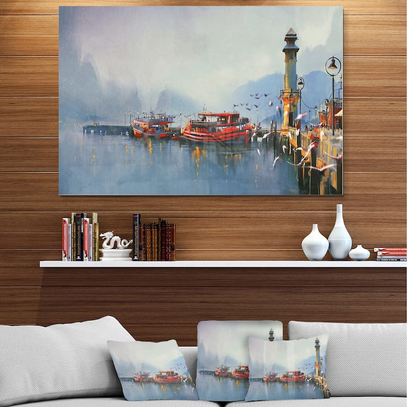 Designart 'Fishing Boats in Harbor' Landscape Metal Wall Art