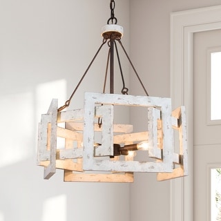 Coastal Rustic 4-light Drum Kitchen Island Chandelier Cottage Wood Ceiling Lights Dining Room Foyer - D 20'' x H 83.5''