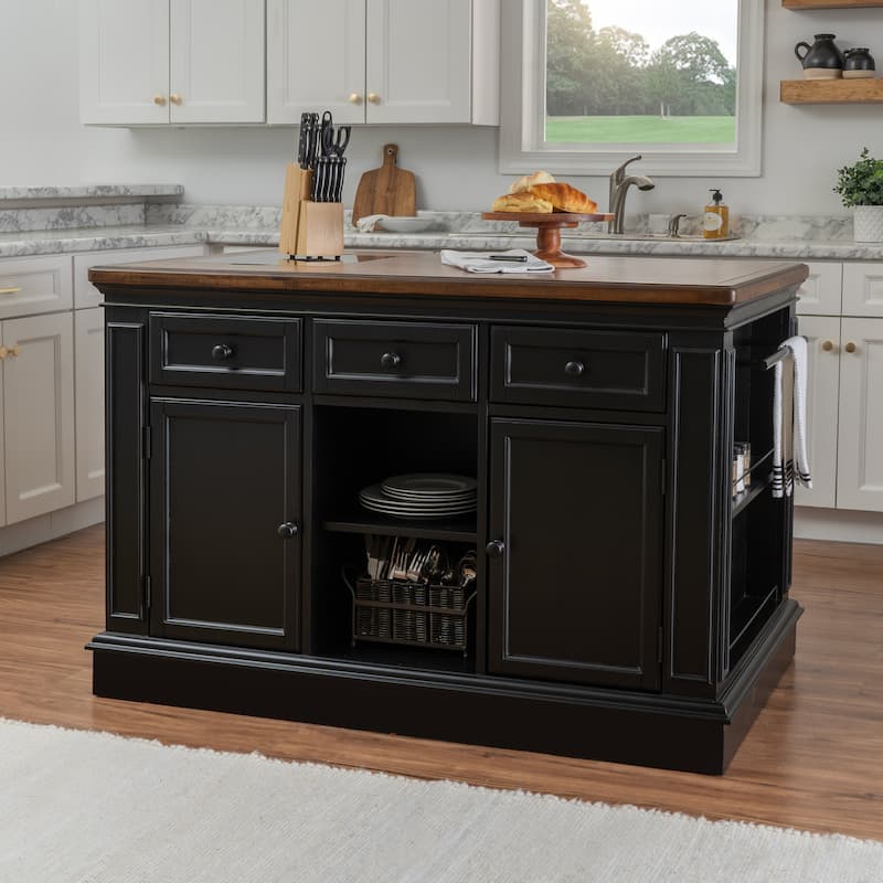 Posie Wooden Kitchen Island Set with Two Stools - Black and Walnut