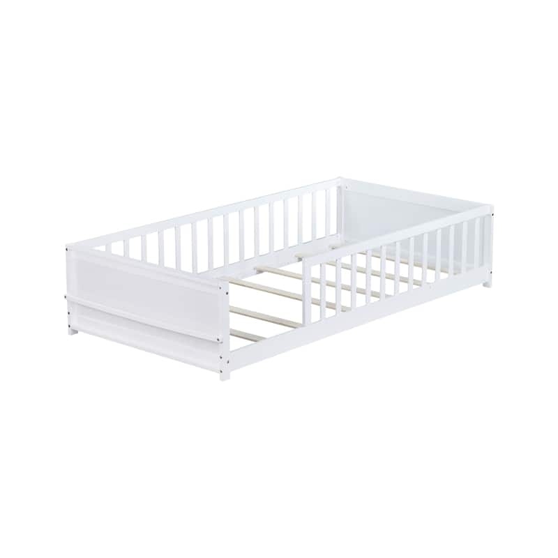 Roomfitters Twin Floor Platform Bed with Built-in Book Rack, Rubber Wood Frame, Low Profile Design with Guardrails