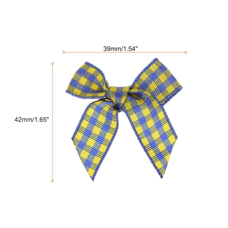 50Pcs Mini Gingham Ribbon Bow 1.5" Checkered Fabric Satin - Light Blue and Yellow