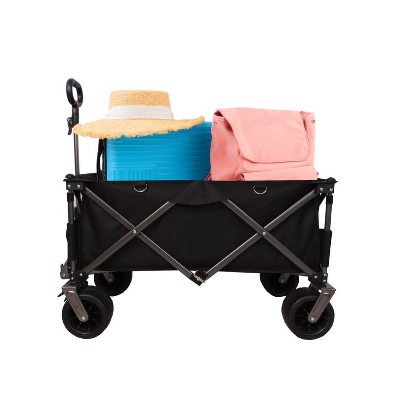 Folding Wagon, Heavy Duty Beach Cart for Sand with Big Wheels, Adjustable Handle&Drink Holders for Shopping, Camping and Outdoor