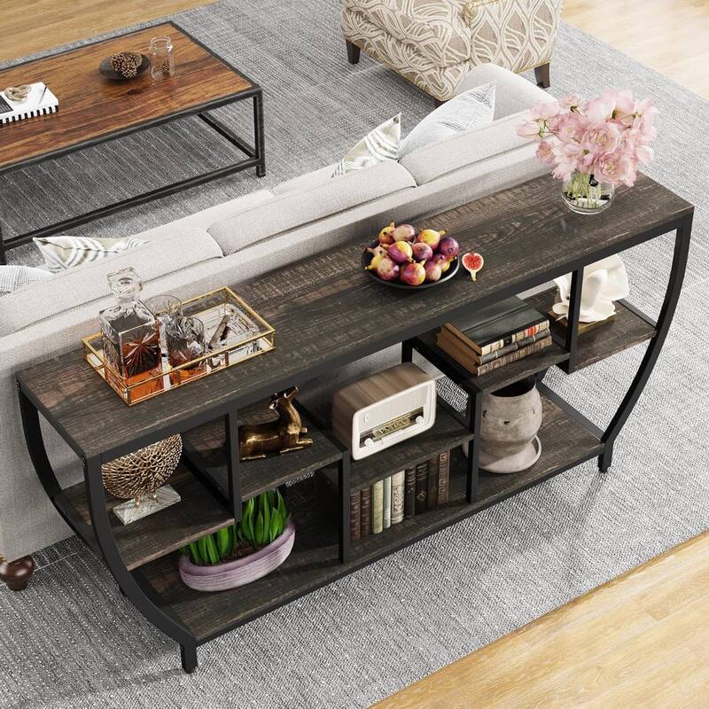 70 Inch Industrial Sofa Table with Rustic Wood Shelves and Black Metal Frame for Living Room - 70.86’’W x 11.81" D x 35.43’’H