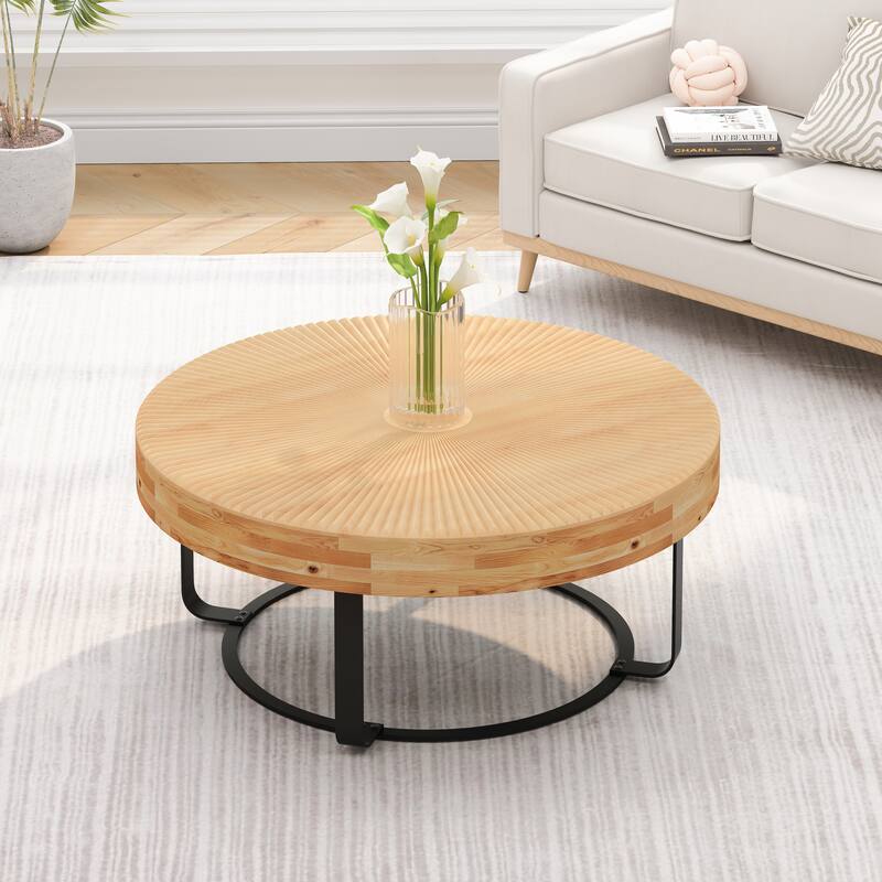 Modern Round Coffee Table Wooden Carving Pattern Coffee Table with Metal Legs for Living Room Reception Room Office ,Black
