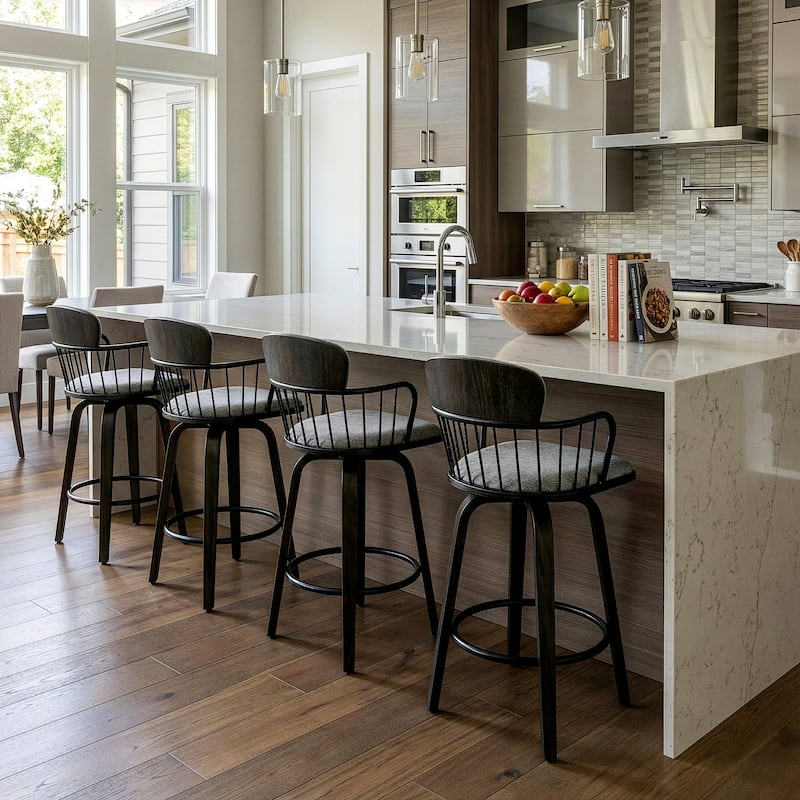 Set of 2 Baker Gray Fabric Counter Stool with Black Iron Back and Wood Legs