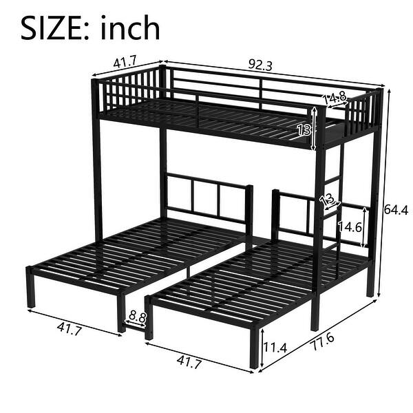 Metal Triple Bunk Bed for 3, Convertible Twin XL Over Twin & Twin Frame with Shelf, Ladder & Guardrails