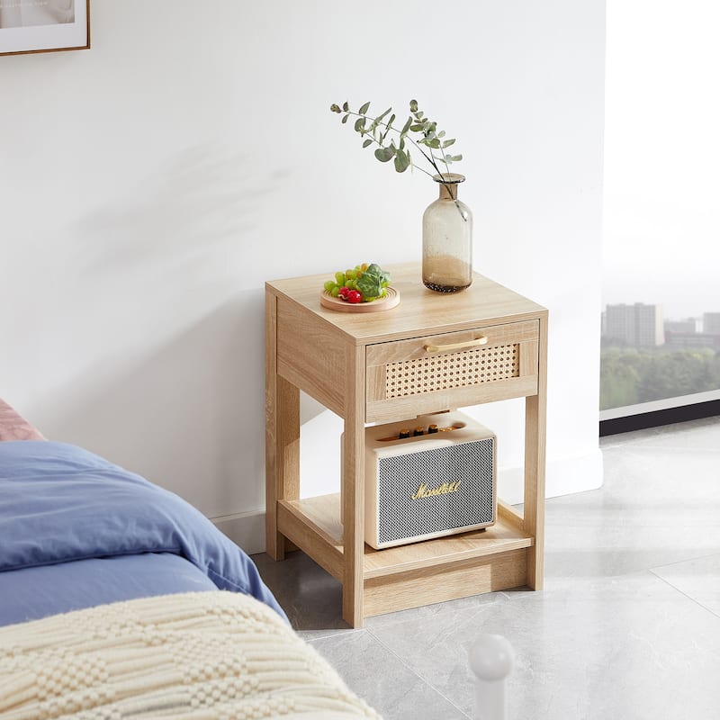 Anmytek Rattan Accent Table Boho Nightstand Side Table Natural Wood Storage - Oak