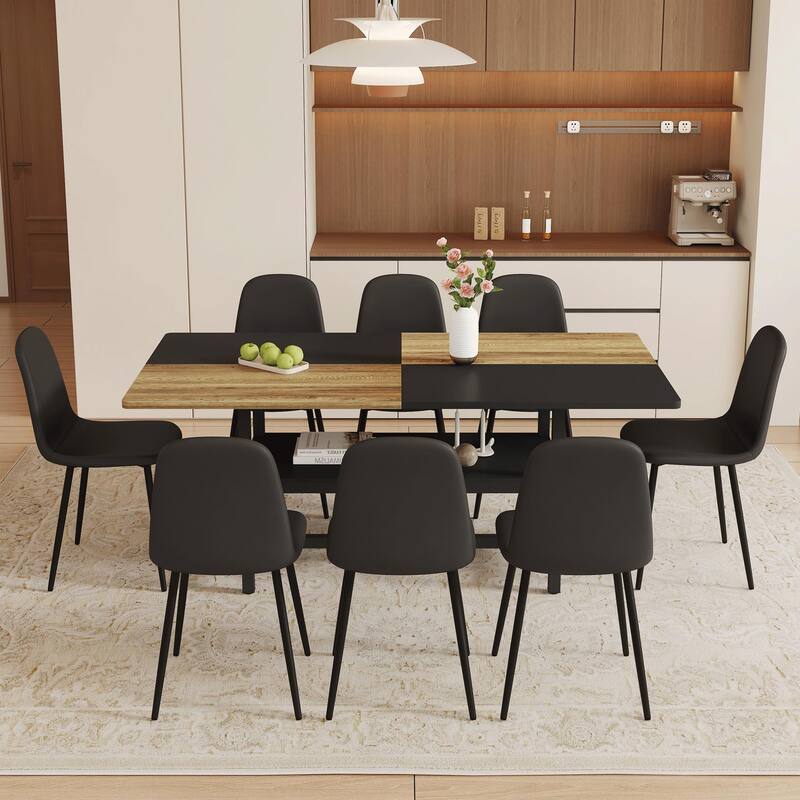 Roomfitters 9pcs Wood and Black Spliced Dining Table Set with Storage Base and Mid-Century PU Chairs, Black