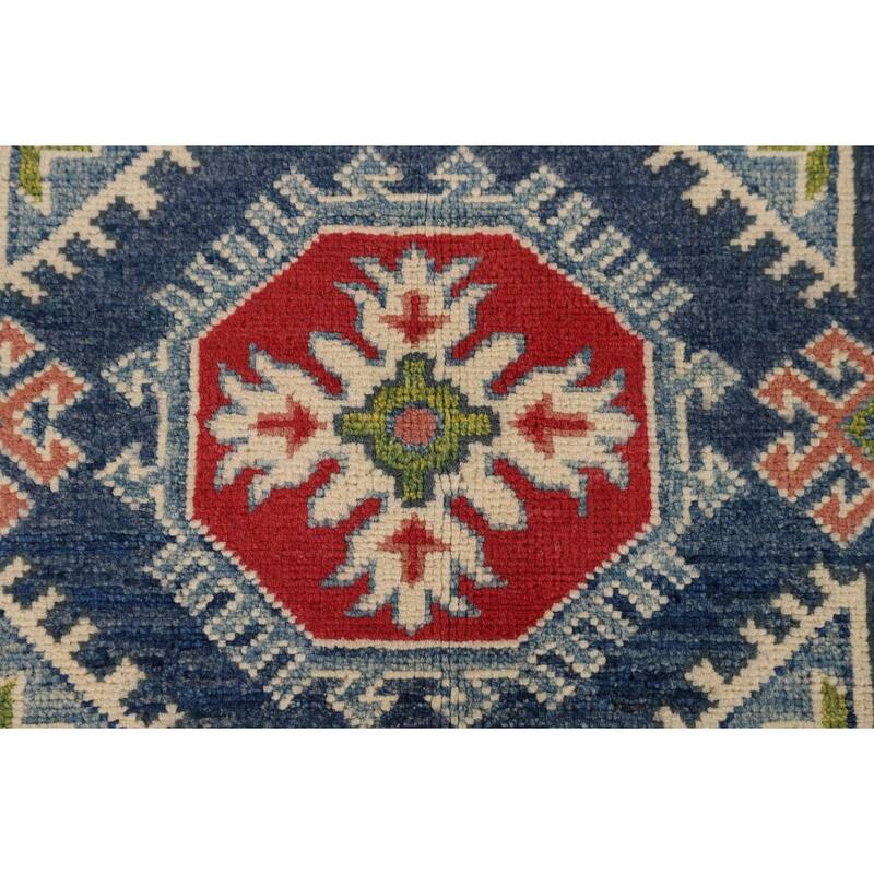 Blue Geometric Kazak Oriental Area Rug Handmade Oriental Wool Carpet - 4'11" x 6'9"