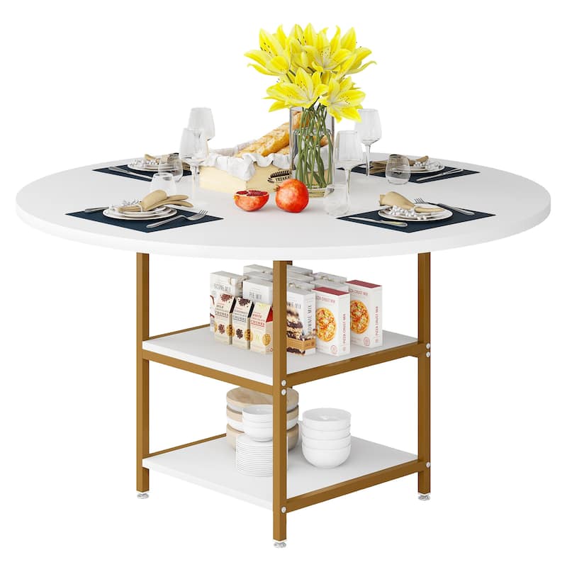 Round Dining Table with Storage Shelves for Kitchen Dining Room