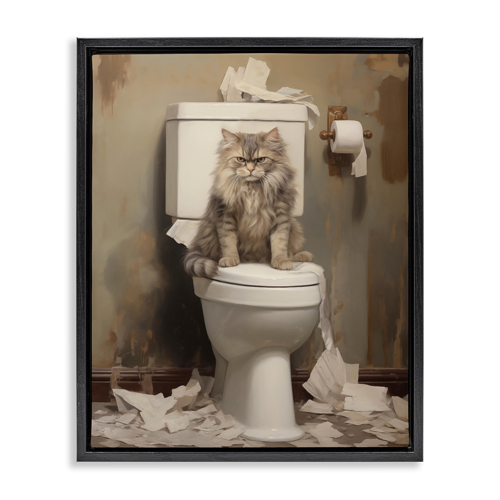 Stupell Cat & Torn Toilet Paper Framed Floater Canvas Wall Art Design By Arlington Prints