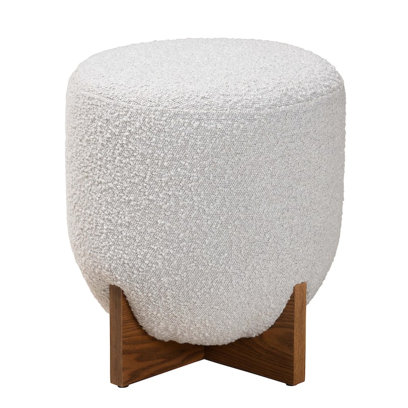 Fisk Japandi Cream Boucle Fabric and Walnut Brown Finished Wood Ottoman Footstool