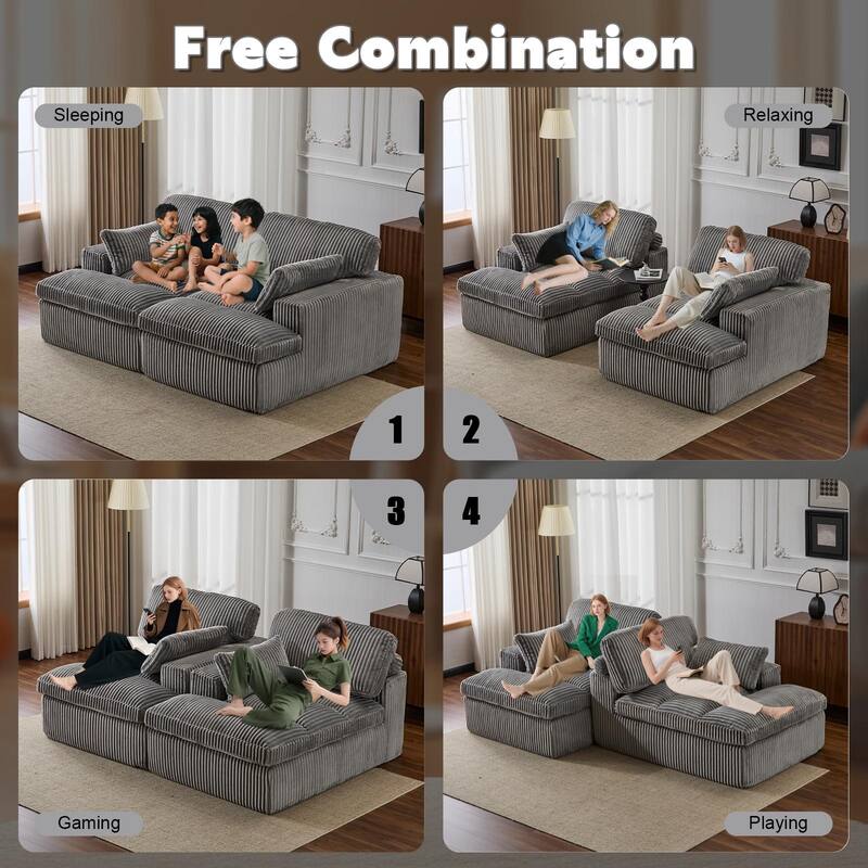 Double Chaise Lounge Chair, Oversized Upholstered Sleeper Cloud Couch, Grey Corduroy, No Assembly Required