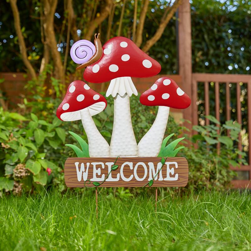 Glitzhome Metal/Wood Frog Stacked Mushroom Welcome Sign Yard Stakes Garden Wall Decor