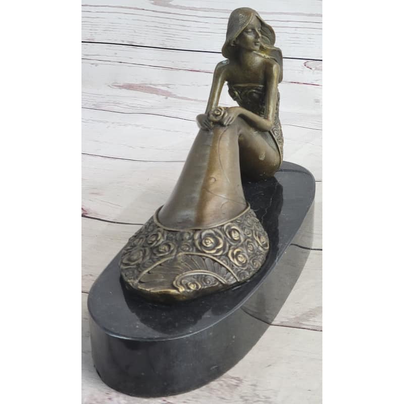 Young Woman In Floral Skirt Mermaid Effect Bronze Statue Sculpture Figure On Marble Base