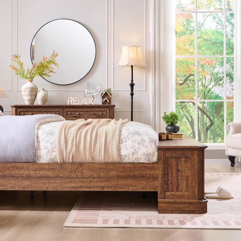 Farmhouse Bed Frame w/ Headboard & Storage Bench, Wood Platform Bed