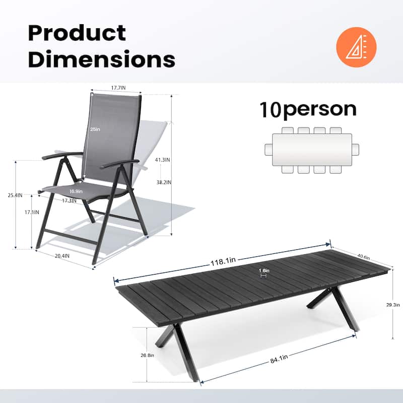 Aluminum Rectangular Outdoor Patio Dining Table with Durable Adjustable Reclining Folding Chair