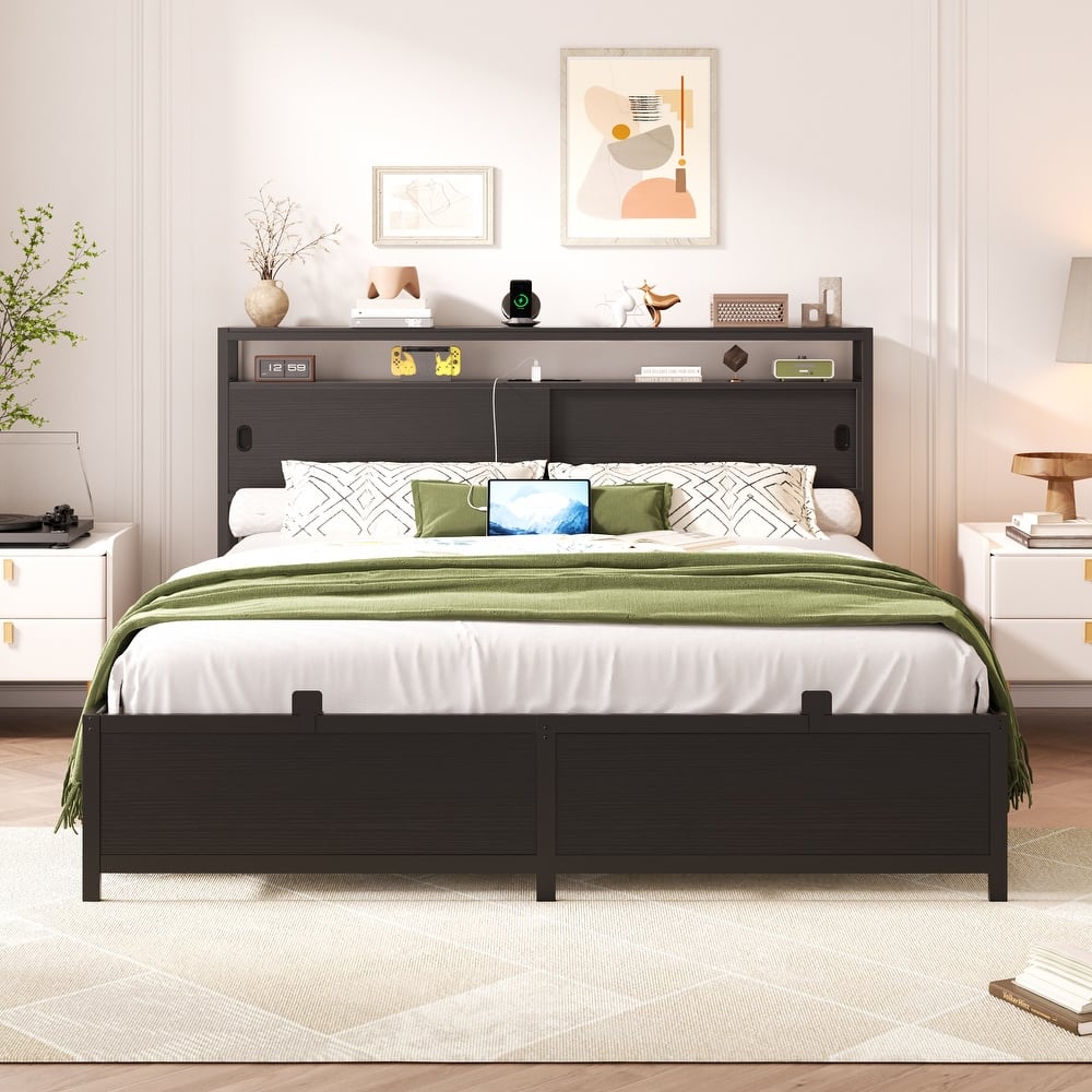 Platform Bed Frame with Sliding Doors Storage Headboard, Beds with Charging Station and LED Light
