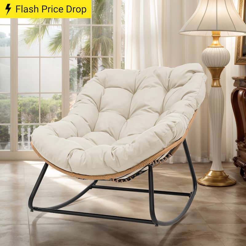 Outdoor Papasan Rocking Chair, Patio Chair Indoor Egg Royal Rattan Rocking Chair with Cushion - 33" W x 16.1" D x 29.9" H - Beige