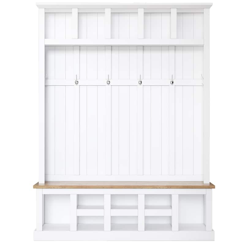 Hall Tree Storage Cabinet with 4 Hidden Hooks, Bench, and Open Compartments