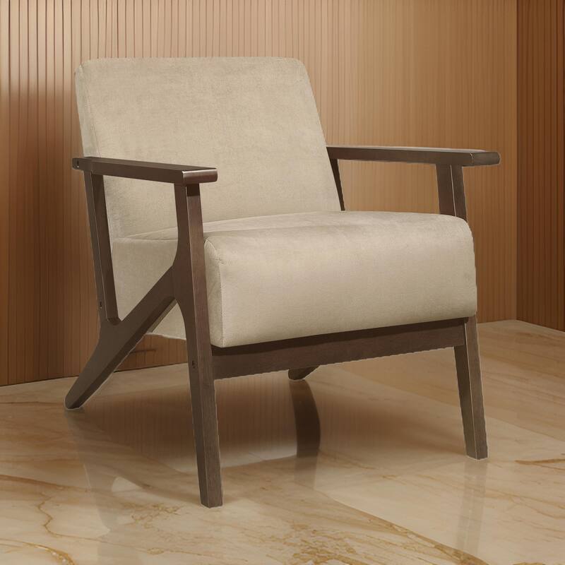 Rica 32 Inch Accent Armchair, Soft Beige Velvet, Walnut Brown Solid Wood