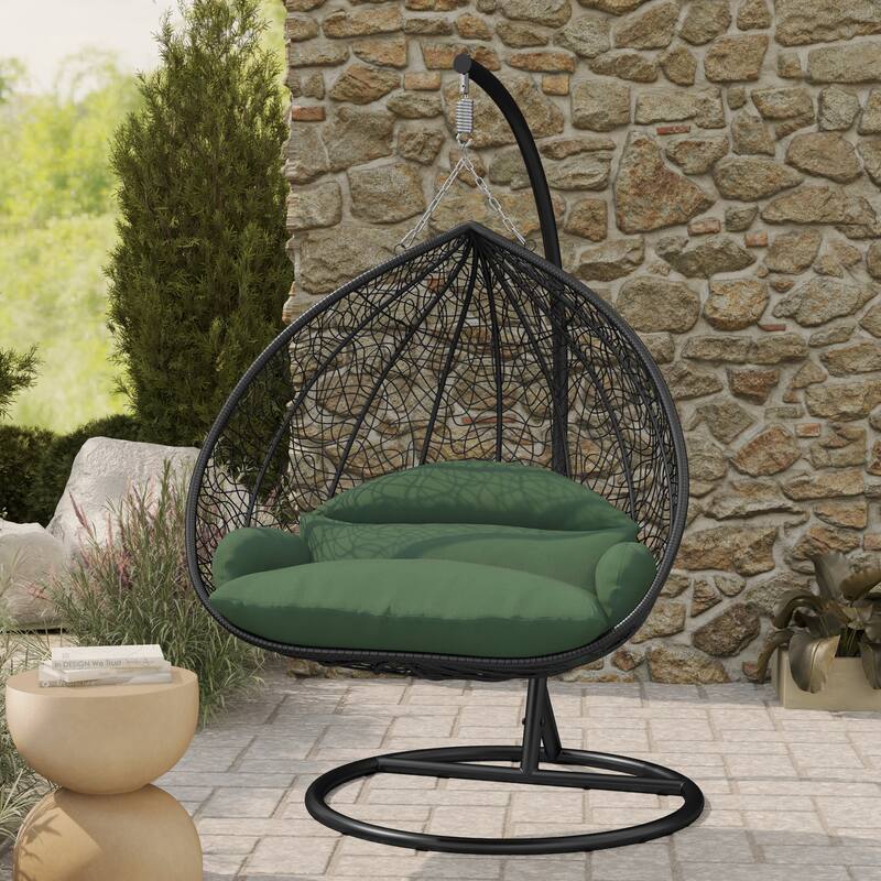 2-Person Outdoor Hanging Egg Chair with Teardrop Frame, Weather-Resistant Cotton Cushioned Seat for Patio and Indoor Use