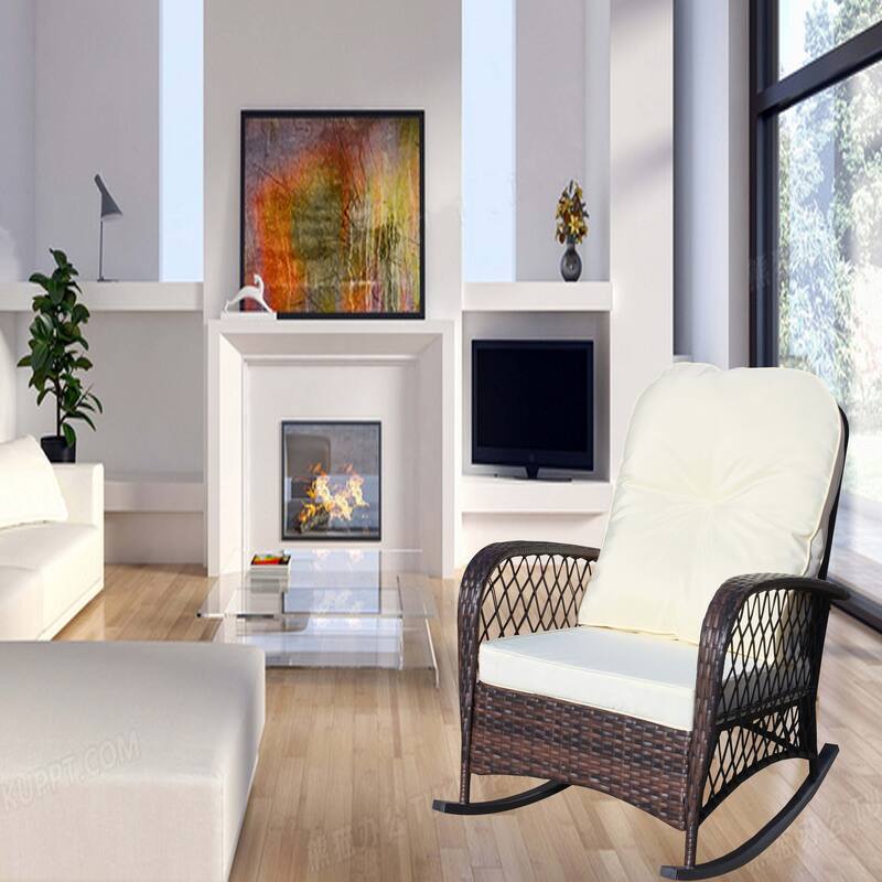 Outdoor Wicker Rocking Chair with Wide Seat, Thick, Soft Cushion, Rattan Rocker w/Steel Frame, High Weight Capacity